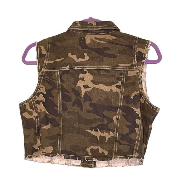 Y2K Southpole Cropped Camo Print Denim Vest Green Sleeveless Button Down M - Picture 2 of 7